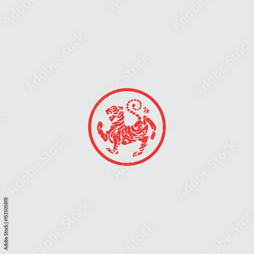 Stylized Red Tiger Illustration within a Circle on Neutral Background