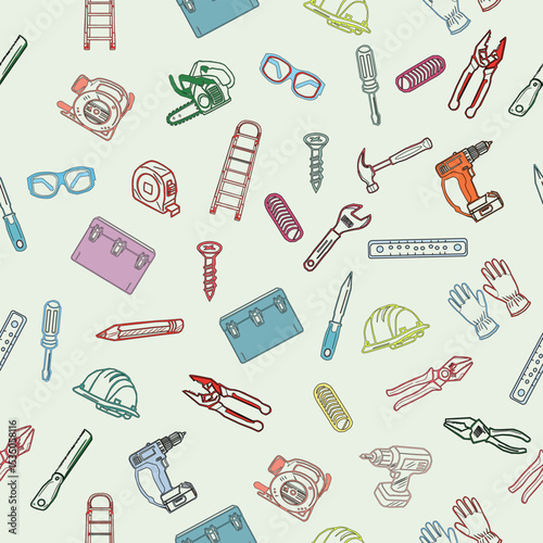 Seamless pattern of workshop tools. Repair tools background. Seamless pattern of repair tools. seamless carpenter's tools pattern. Seamless Pattern of Hand-Drawn Power Tools. 