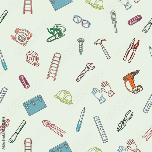 Seamless pattern of workshop tools. Repair tools background. Seamless pattern of repair tools. seamless carpenter's tools pattern. Seamless Pattern of Hand-Drawn Power Tools. 