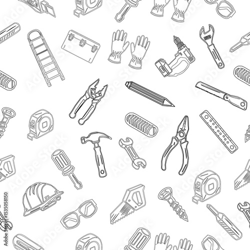 Seamless pattern of workshop tools. Repair tools background. Seamless pattern of repair tools. seamless carpenter's tools pattern. Seamless Pattern of Hand-Drawn Power Tools. 