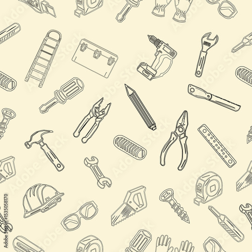 Seamless pattern of workshop tools. Repair tools background. Seamless pattern of repair tools. seamless carpenter's tools pattern. Seamless Pattern of Hand-Drawn Power Tools. 