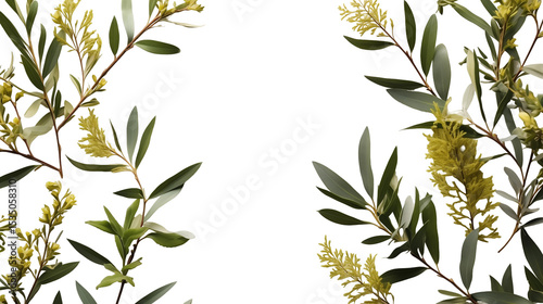 Green floral frame, botanical nature design, white background, spring summer wedding invitation template, isolated on transparent background.