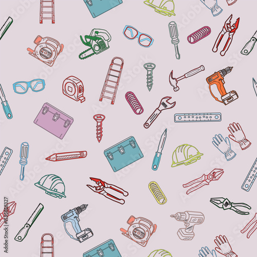 Seamless pattern of workshop tools. Repair tools background. Seamless pattern of repair tools. seamless carpenter's tools pattern. Seamless Pattern of Hand-Drawn Power Tools. 