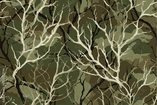 A camouflage pattern with tree branches and leaves, designed for military or outdoor activities.Realistic hunting camouflage seamless pattern design. Forest barks, stems, leaves camouflage background