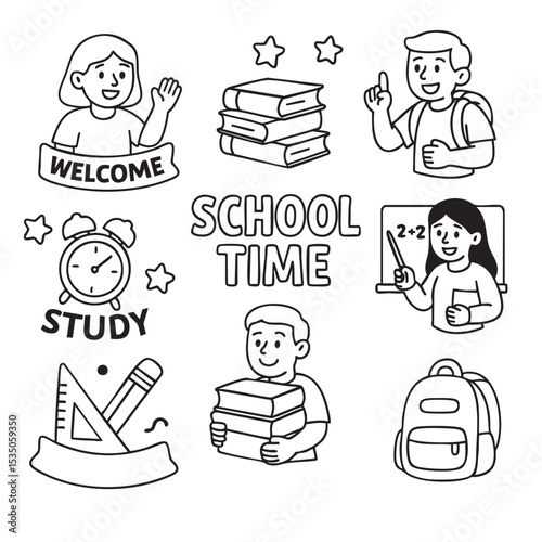 Welcome to school time with books, study tools, and cheerful students ready to learn