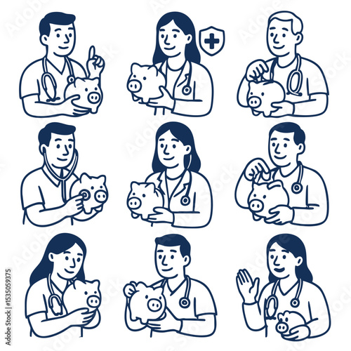 Healthcare professionals with piggy banks financial savings medical symbols teamwork savings