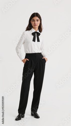 Full length of confident Dutch girl in a white dress shirt with bow tie and slacks standing while leaning slightly sideways with a smile on plain white background