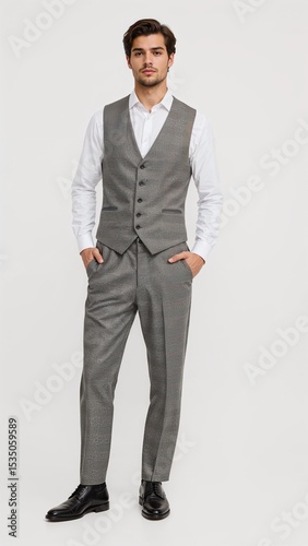 Full length of confident Egyptian man in a longsleeve white shirt and formal vest standing with one foot resting lightly on a low step on plain white background