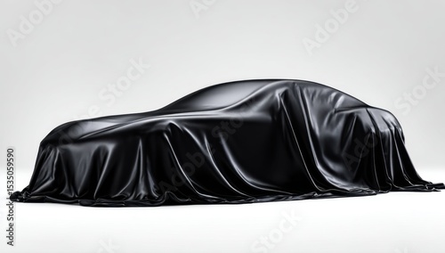 Car Under Black Shiny Cover in Studio with Bright White Background