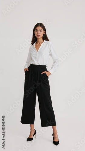 Full length of confident Italian woman in a professional white blouse and black culottes standing with one arm on waist and other holding phone on plain white background