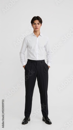Full length of confident Japanese boy in a white dress shirt and slacks standing with hands in pockets on plain white background