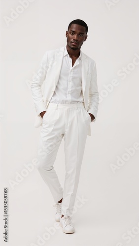 Full length of confident Kenyan man in a white buttonup with blazer over shoulder standing casually leaning on one leg on plain white background