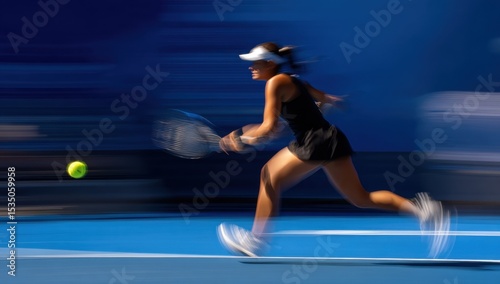 Female Tennis Player in Motion Swinging Racket on Blue Court