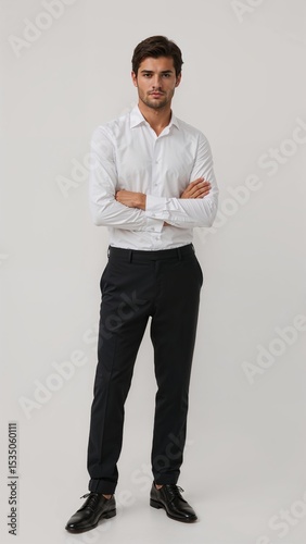 Full length of confident Ukrainian man in a slimfit white shirt and dark trousers standing with crossed arms and slight smile on plain white background