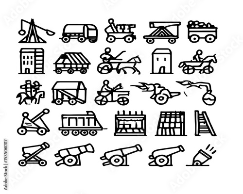 A versatile vector icon set for web and mobile design, featuring hand-drawn business and travel symbols, including shopping, home, car, and hotel illustrations