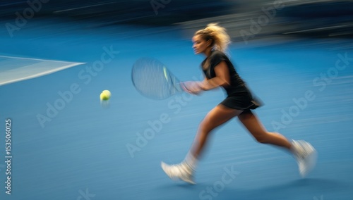 Tennis Player Hitting Ball on Blue Court Motion Blur