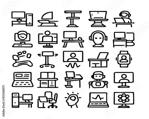 Black computer icons set for home and business interior design illustration