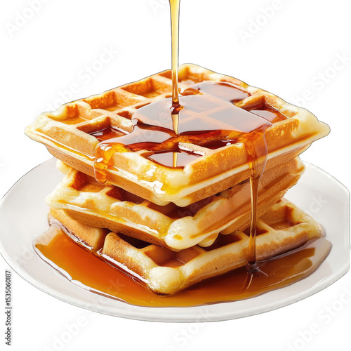 Stack of waffles drenched in syrup