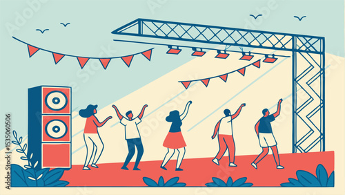 Illustration of people dancing at an outdoor concert with stage speakers and festive triangle flags above