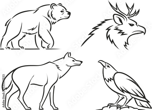 Fantasy and Forest Animal Line Art with Bear Wolf and Antlered Bird