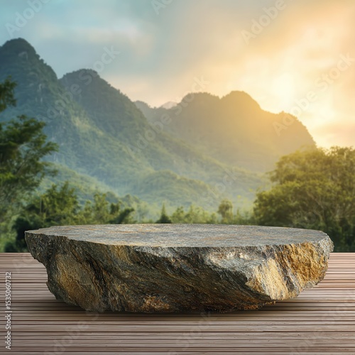 Stone granite table top podium outdoors with mountains sky at sunrise nature landscape background.rock placement pedestal present stand display tropical green forest concept.