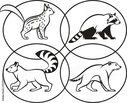 Wild Forest Animals in Circle Icons Set