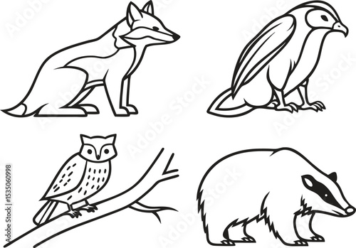 Forest Wildlife Line Art Collection with Fox Owl Badger and Hawk