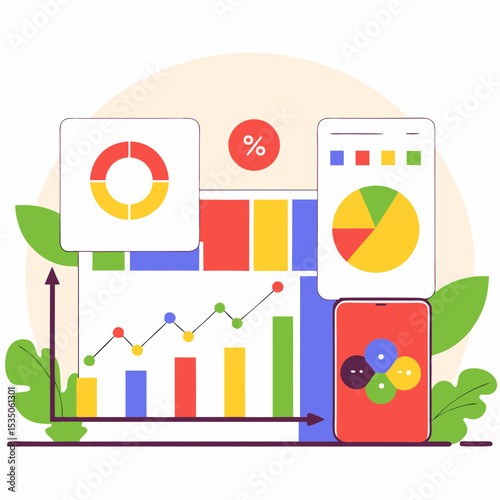 Comprehensive business intelligence visualization with diverse charts and graphs displayed on various devices, representing financial data and analytical reporting