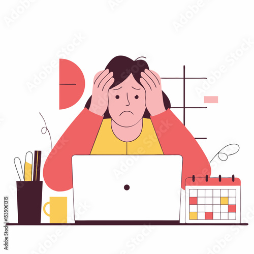 Overwhelmed woman at her laptop, clutching her head in despair, symbolizing work stress, burnout, tight deadlines, and mental fatigue