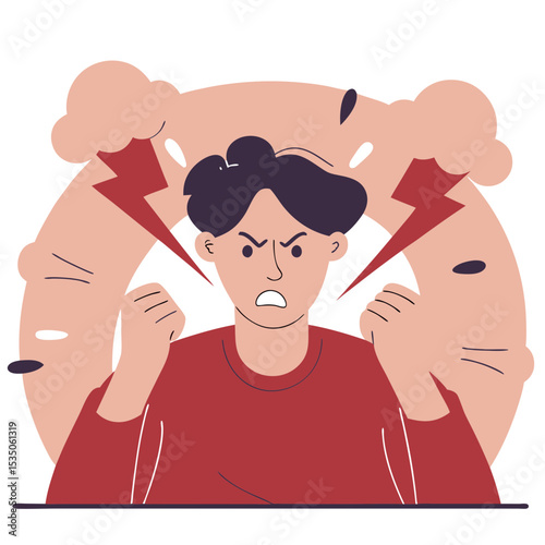 Angry man experiencing intense frustration and stress, with lightning bolts symbolizing conflict, tension, and emotional outburst