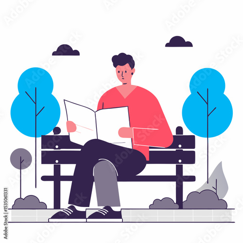 Tranquil man engrossed in reading a book on a park bench, symbolizing relaxation, leisure, education, and peaceful outdoor activity