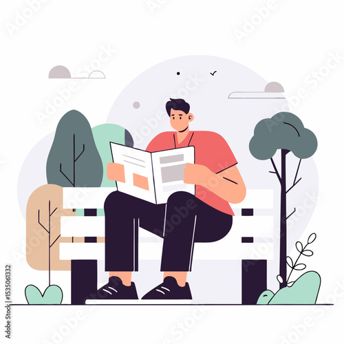 Serene man reading a book on a park bench, enjoying a moment of quiet leisure, education, and outdoor relaxation