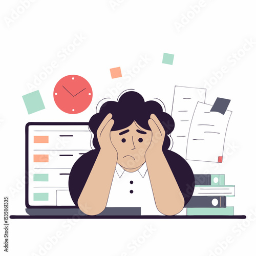 Overwhelmed woman clutching her head amidst a chaotic desk with a laptop and documents, symbolizing intense work stress, tight deadlines, and burnout
