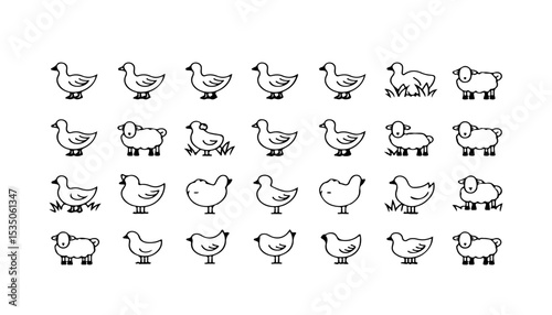 A collection of simple line drawings featuring various bird and sheep illustrations arranged in neat rows bird, sheep, line art, drawing, illustration, animal, cartoon, simple, row, collection, graphi