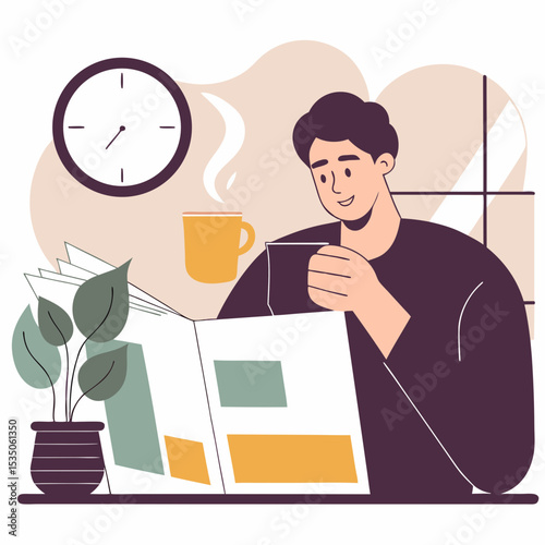 Happy man enjoying a relaxing morning by reading a newspaper and drinking coffee, illustrating leisure, daily routine, and personal well-being