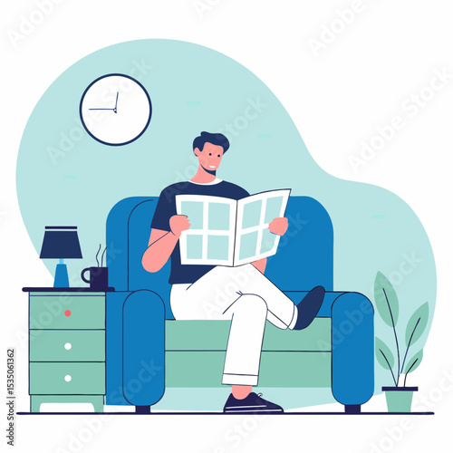 Contented man relaxing at home, reading a newspaper in an armchair, signifying domestic comfort, leisure, and daily routine