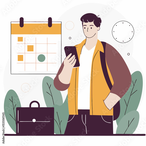 Man planning his schedule and managing tasks on his smartphone, symbolizing efficient time management, organization, and productivity