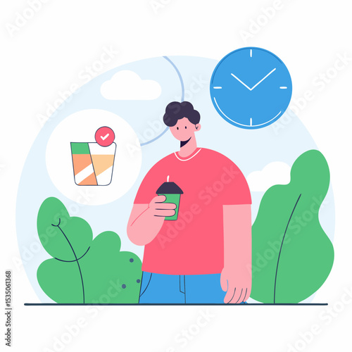 Man making healthy choices by drinking a fresh juice and monitoring his habits, symbolizing wellness, good routine, and mindful living