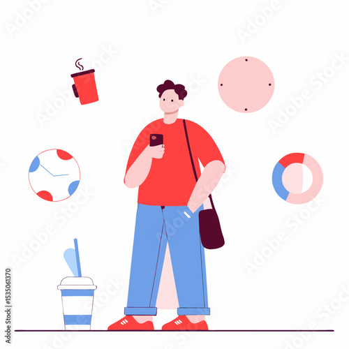 Man interacting with his smartphone, surrounded by elements of daily life, indicating connectivity, leisure, and a balanced routine