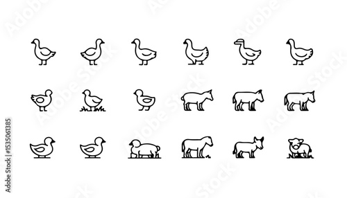 A collection of simple line drawings featuring various bird and sheep illustrations arranged in neat rows bird, sheep, line art, drawing, illustration, animal, cartoon, simple, row, collection, graphi