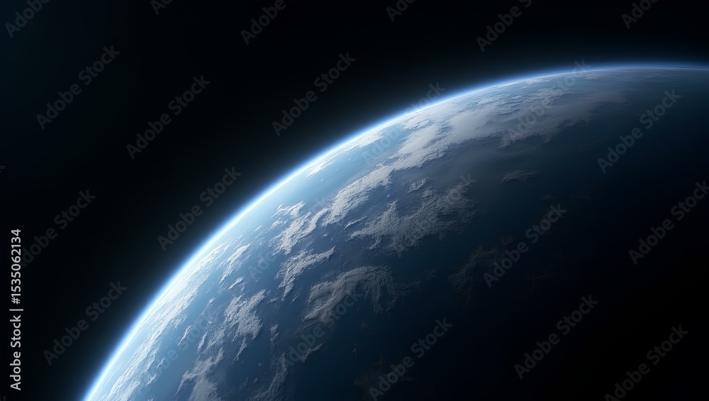 Fototapeta premium A partial view of a blue planet, possibly Earth, from space, showing its curved horizon and white clouds.