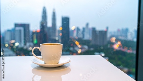 高層ビルの窓から見えるオフィス街の風景とコーヒーカップ