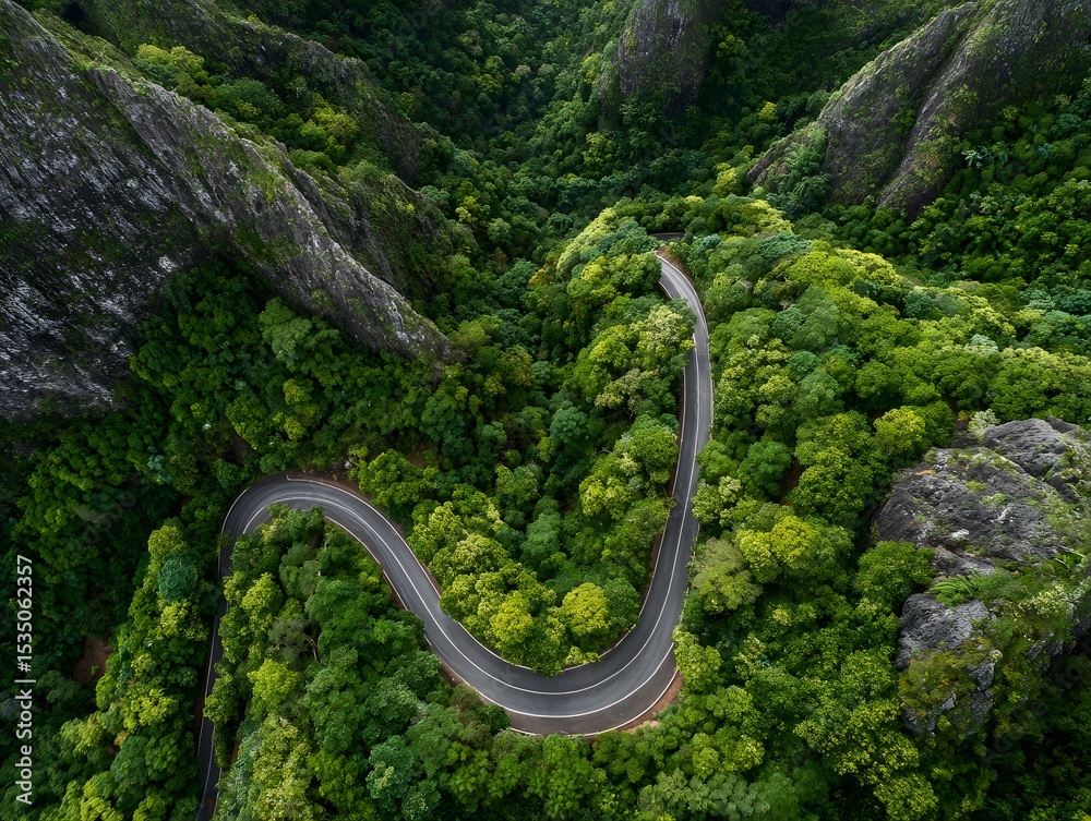 Obraz premium Aerial view of winding road in forested mountains