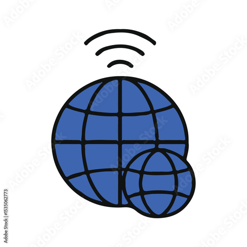 Flat vector icon of two globes with a wireless signal above, representing global connectivity, internet access, networking, worldwide communication, and digital infrastructure.
