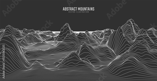 Contour mountain landscape. Waved line art. Abstract minimal topographic map. Contour lines with elevations and terrain depth. Vector illustration.