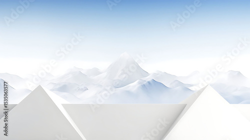 Subtle white pyramid shapes emerging from a pure matte white ground plane, full banner composition with top-center copy space