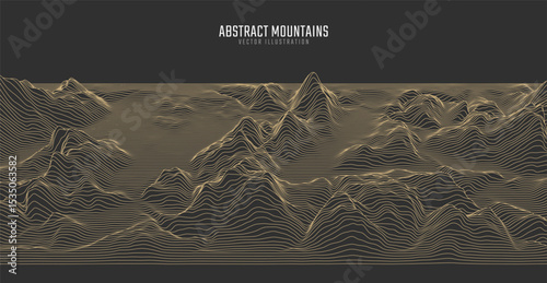 Contour mountain landscape. Waved line art. Abstract minimal topographic map. Contour lines with elevations and terrain depth. Vector illustration.