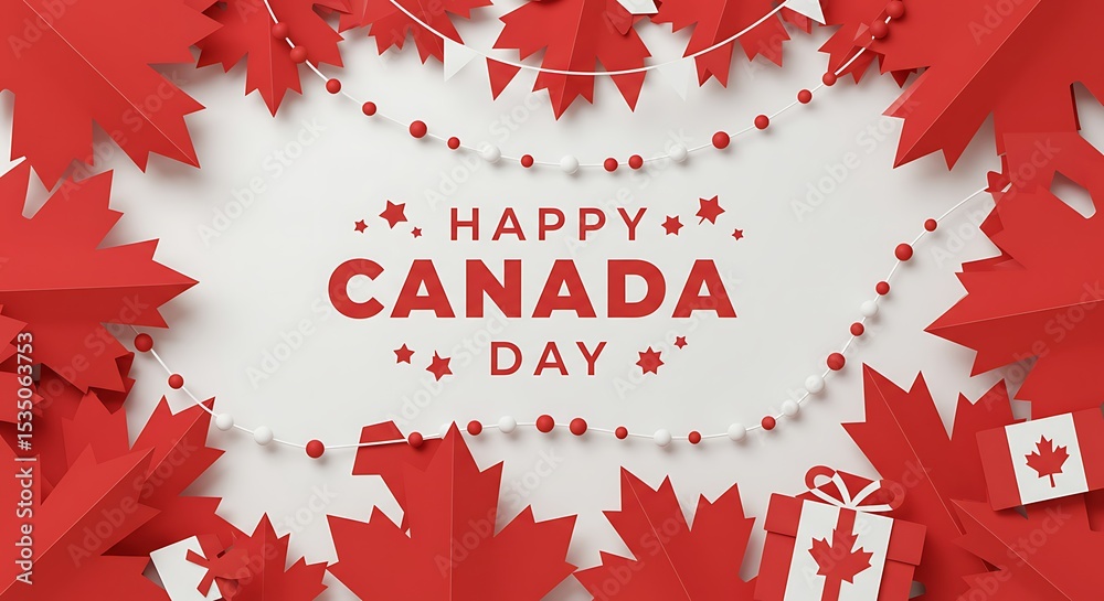 Festive and Celebratory Canada Day Illustration with Maple Leaves and Decorations Festive and Celebratory Canada Day Illustration with Maple Leaves and Decorations