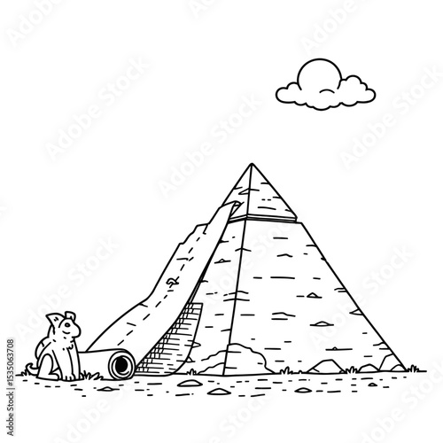 Egyptian Obelisk and Pyramid Line Art with Red Wax Seal, Ancient Scroll Shadow, Vector Design