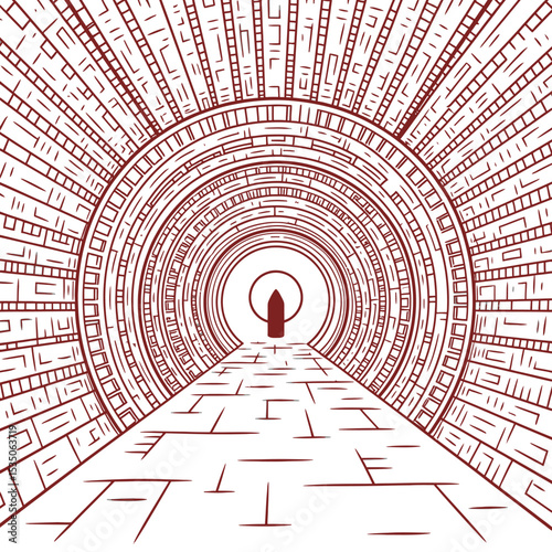 "Egyptian Pyramid Tunnel Line Art with Red Ankh Symbol, Stargate Illusion, Vector Illustration